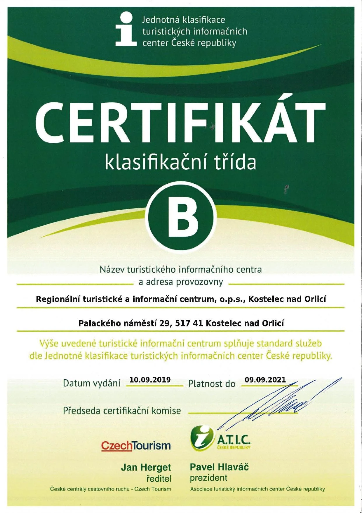 Certifikát klasifikační třídy B pro turistické informační centrum