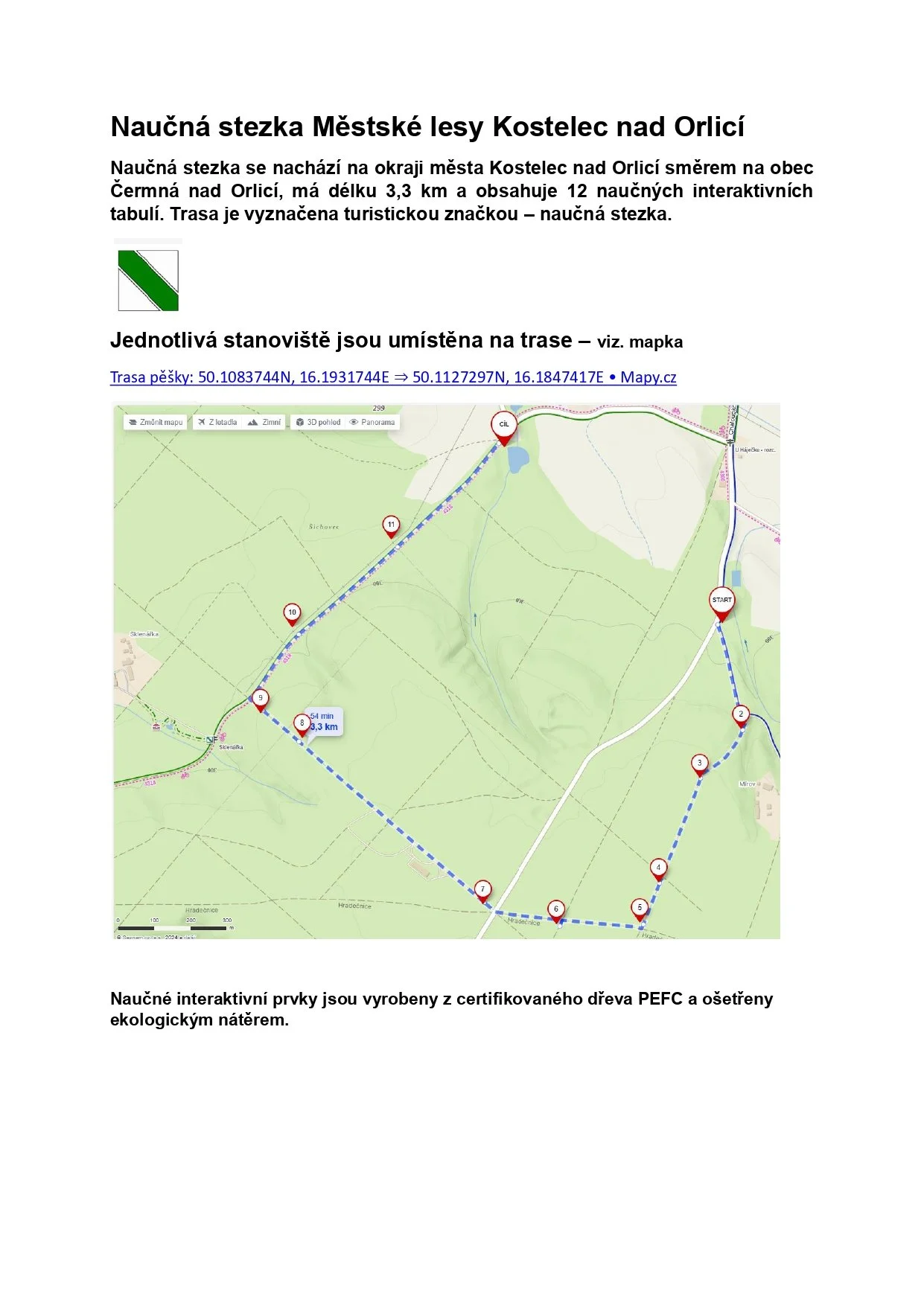 Mapa naučné stezky Městské lesy Kostelec nad Orlicí s vyznačenou trasou a stanovišti