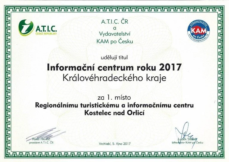 Certifikát Informační centrum roku 2017 pro RTIC Kostelec nad Orlicí