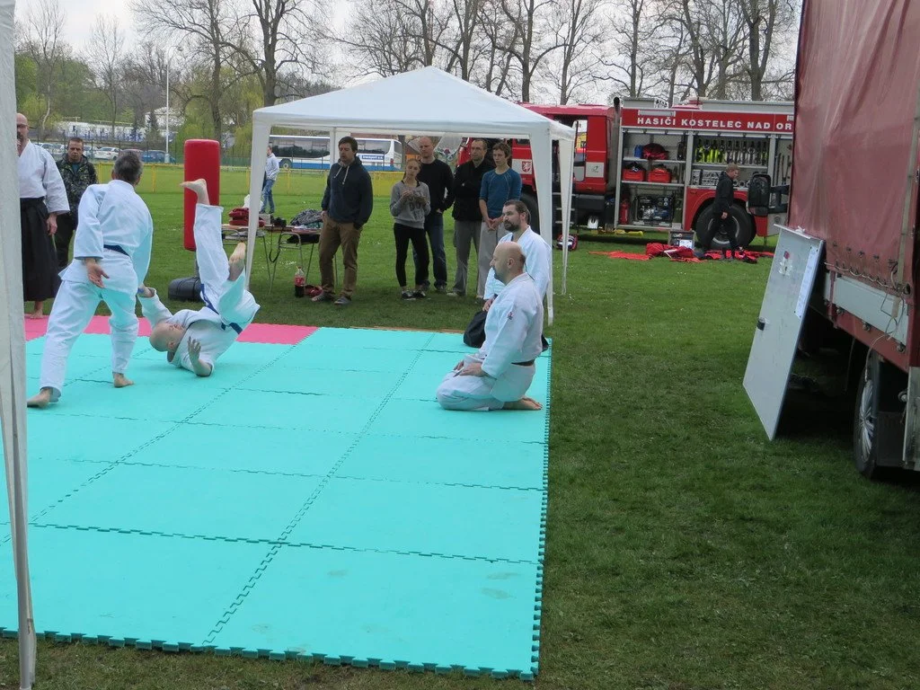 Ukázka aikida, cvičenec provádí hod na tatami