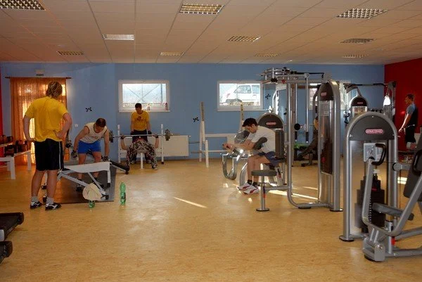 Lidé cvičí na posilovacích strojích ve fitness centru