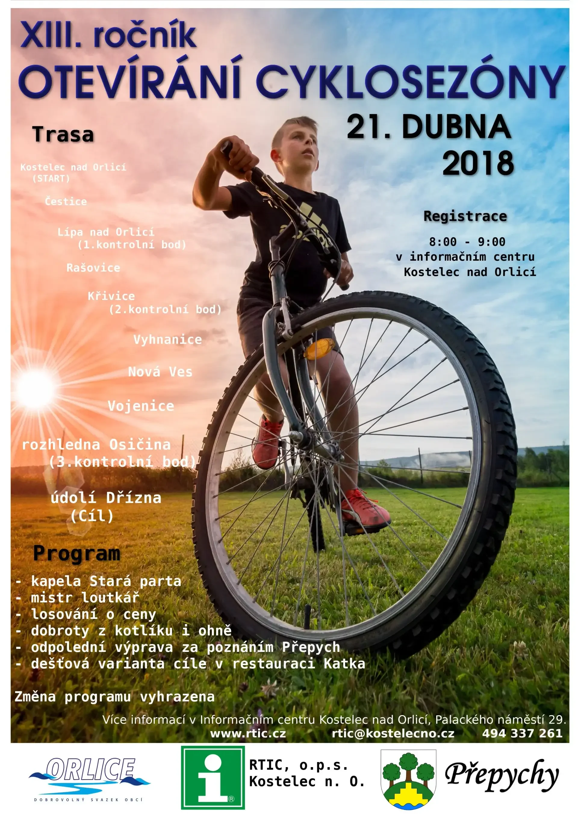 Plakát XIII. ročníku Otevírání cyklosezóny 21. dubna 2018 s chlapcem na kole