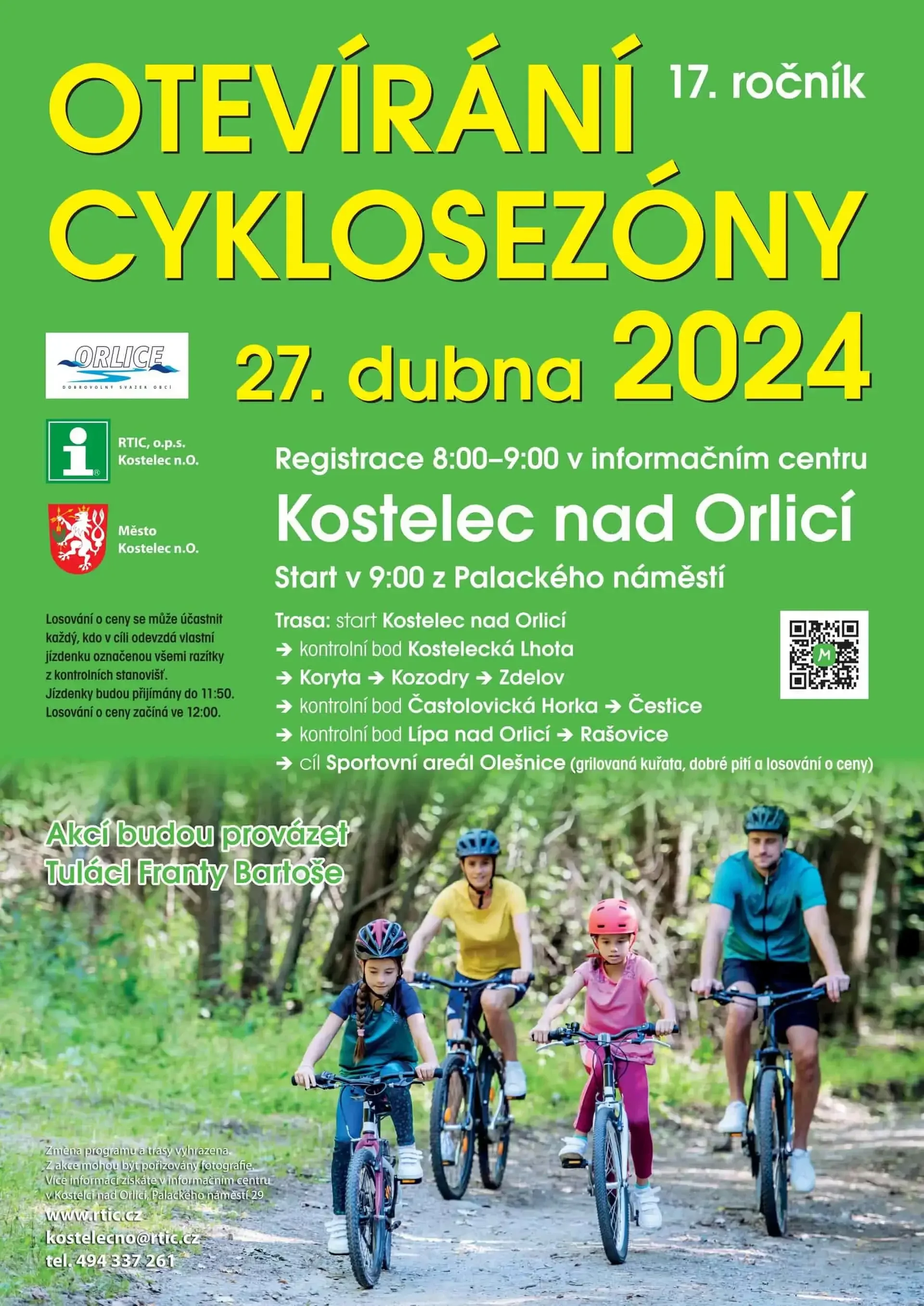 Plakát akce Otevírání cyklosezóny 2024 s rodinou na kolech v lese