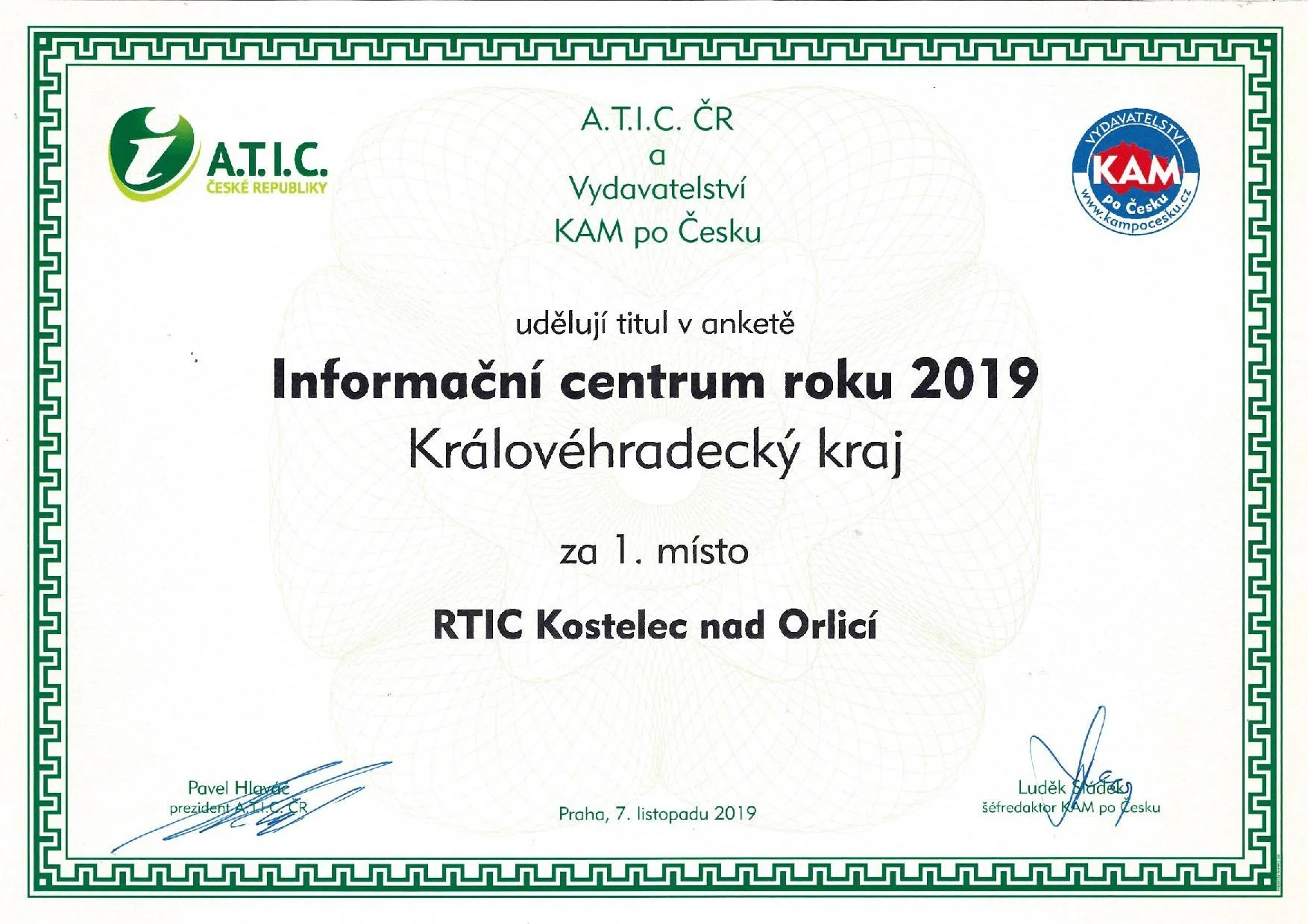 Certifikát Informační centrum roku 2019, 1. místo