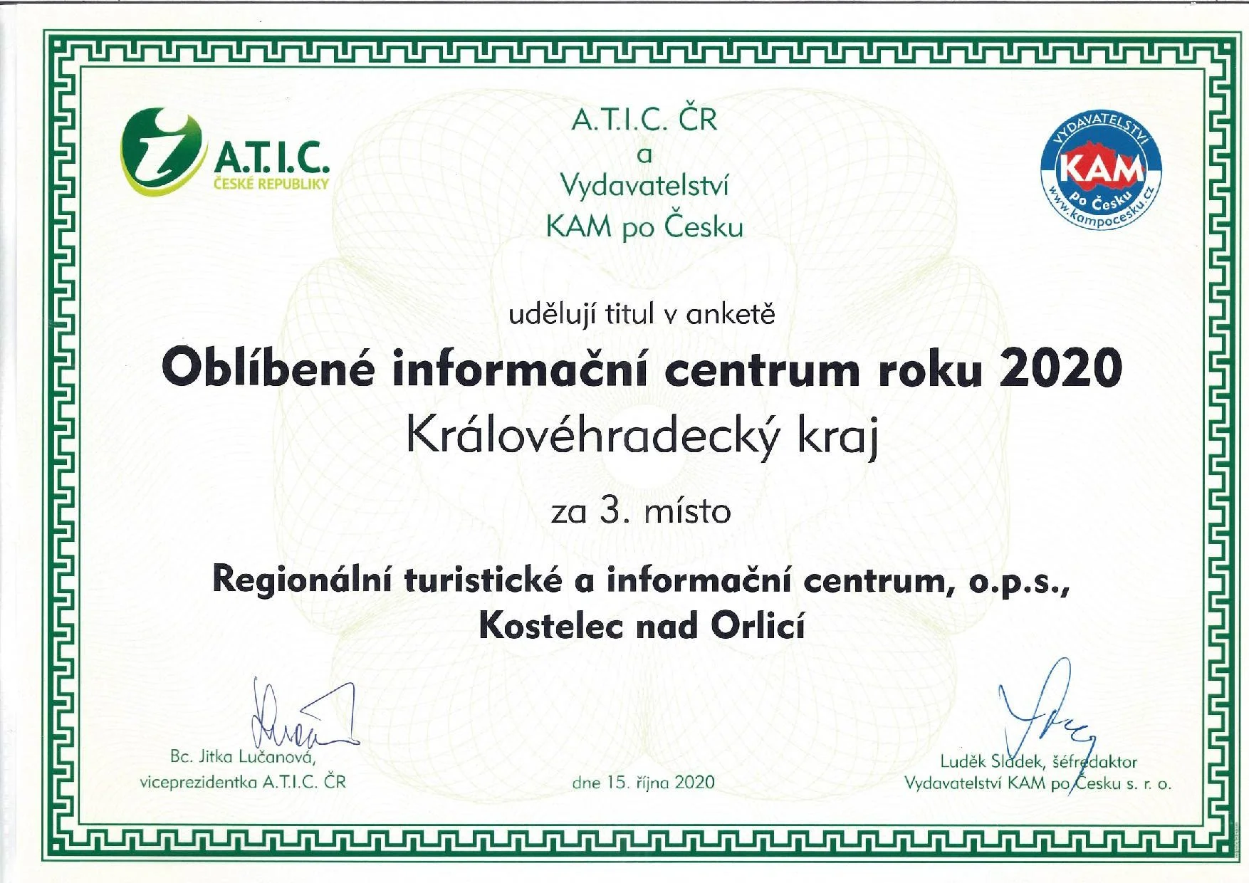 Certifikát Oblíbené informační centrum roku 2020, 3. místo