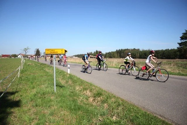 Cyklisté na silnici u cykloturistické směrovky