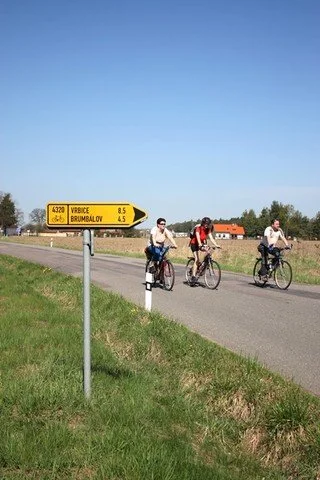Cyklisté projíždějí kolem směrové cykloturistické značky na silnici