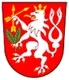 Znak s bíločerveně kostkovaným lvem na červeném štítě